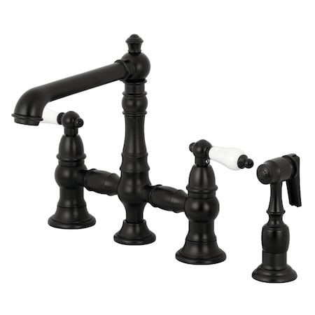 Kingston Brass English Country 8" Bridge Kitchen Faucet W/ Sprayer, Black KS7270PLBS